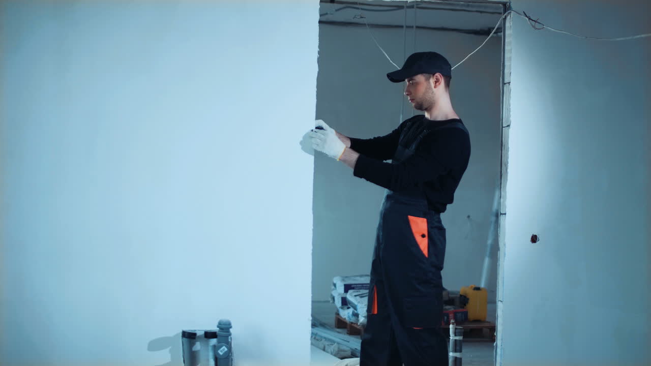 trabajador de la construcción que instala paredes y puertas