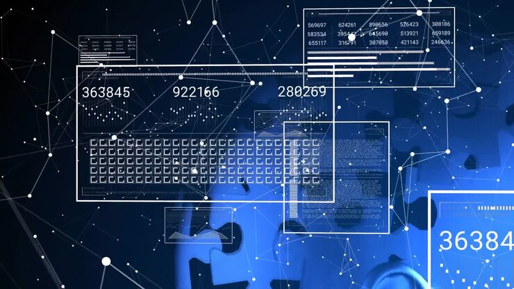 Animation of network of connections over interface with data processing against black background