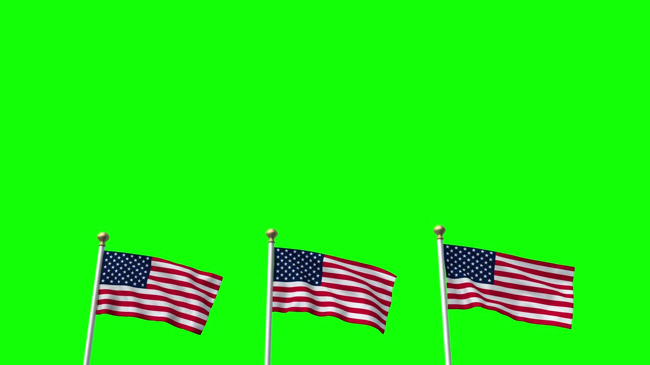 USA US 3 American Flags Waving Green screen CG Flare