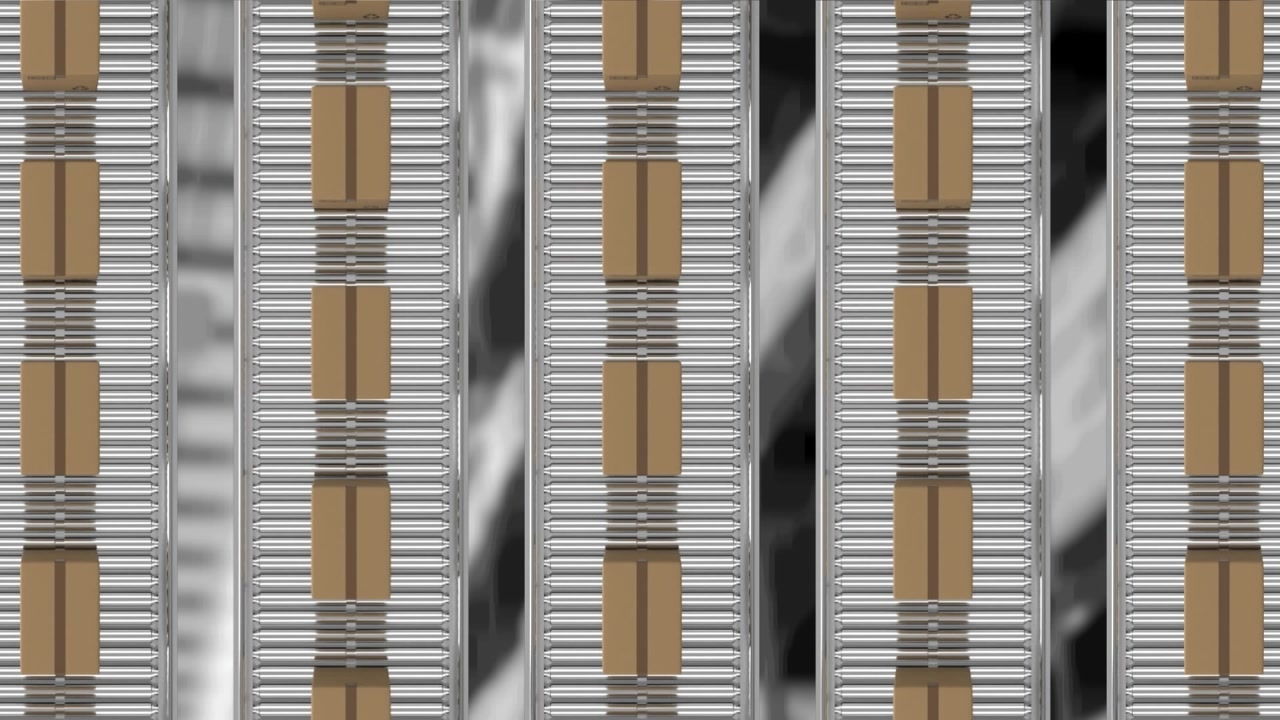 Animation of cardboard boxes on conveyor belts over warehouse