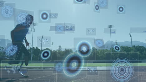 animación del procesamiento de datos digitales sobre un atleta masculino discapacitado con cuchillas de correr en la pista de carreras