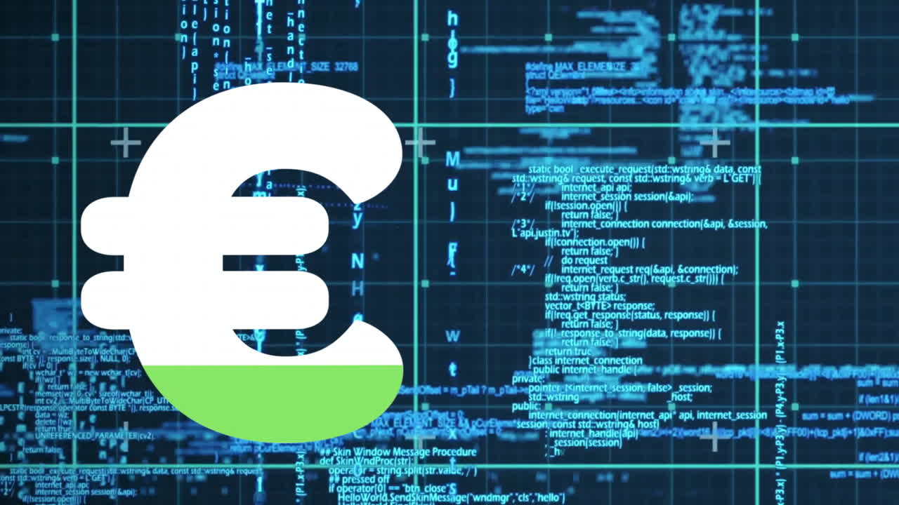 Animazione di un simbolo dell'euro in caricamento su linguaggio di programmazione informatica su sfondo nero