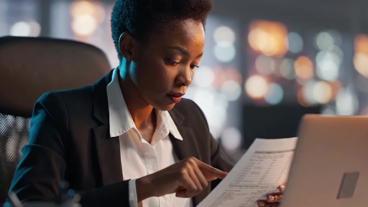 Focused Businesswoman Analyzing Financial Reports and Documents While Working in Modern Office Environment with Soft Lighting and Professional Attire