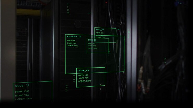 Network scanner pinging server rack, cable bundle for monitoring, HUD mapping nodes showing latency