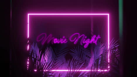 animation of movie night text in rectangle with plantation over black background