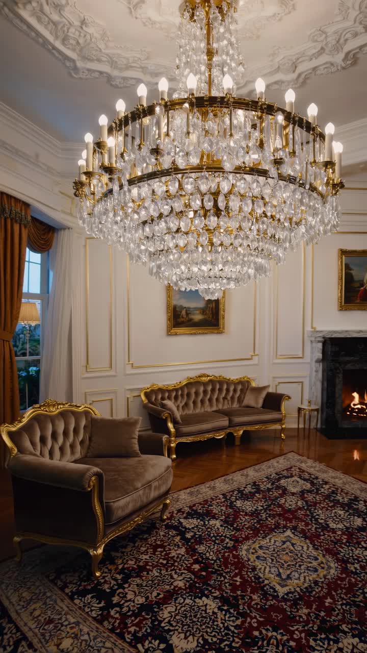 Luxurious vintage room with ornate chandelier, elegant sofas, and fireplace