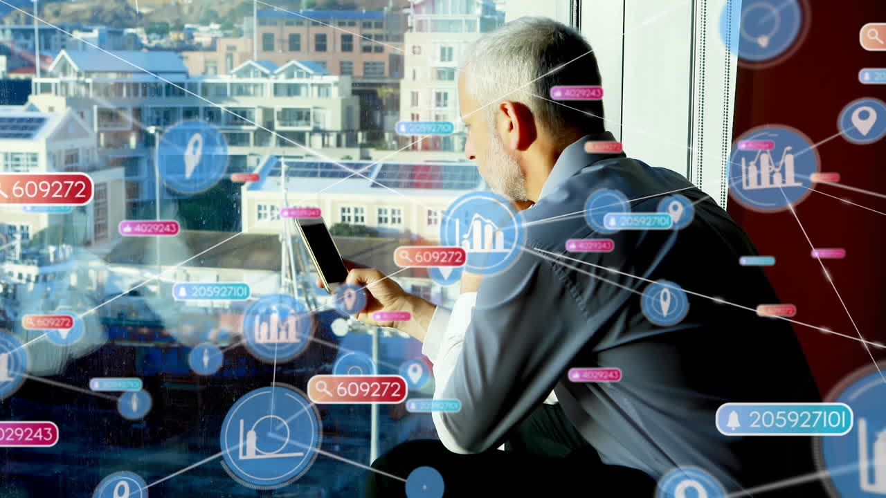 연결된 아이콘의 애니메이션, 에 있는 번호, 드폰을 사용하는 백인 사업가