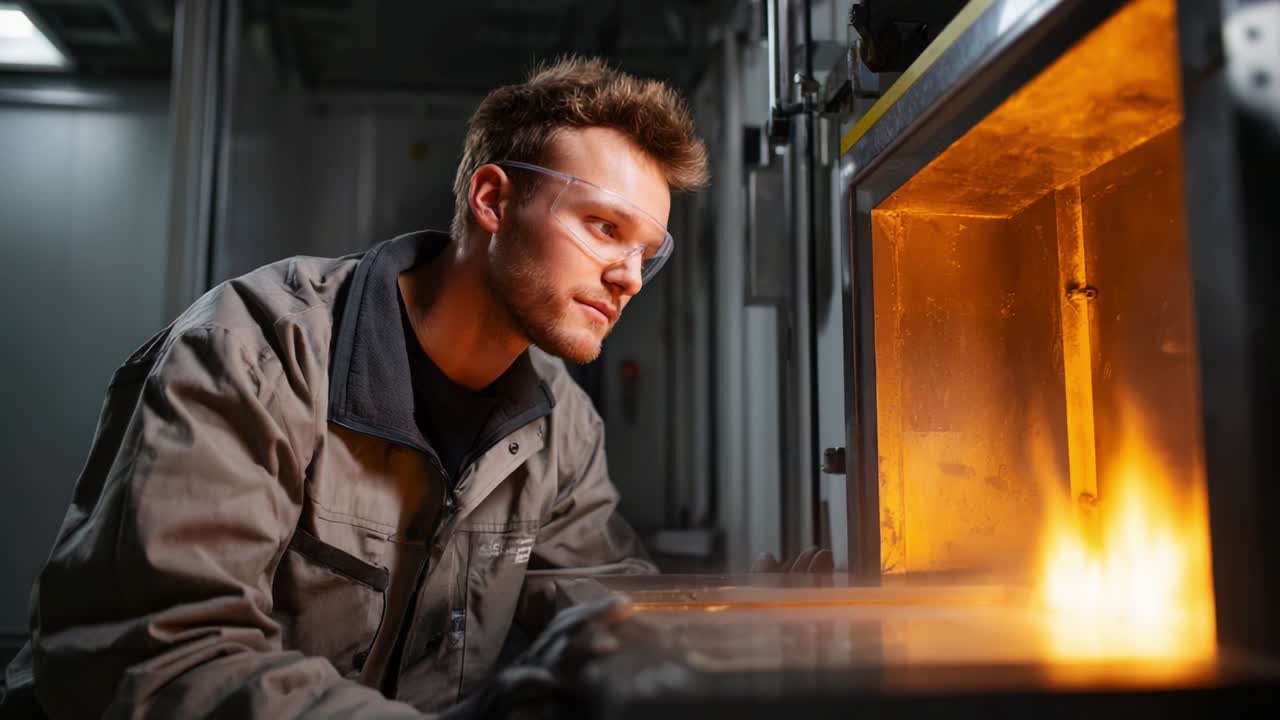 En fokusert person observerer omhyggelig en høytemperaturprosess i en industriell setting, som viser samspillet mellom menneske og maskin innen avansert materialhåndtering og termisk vitenskap