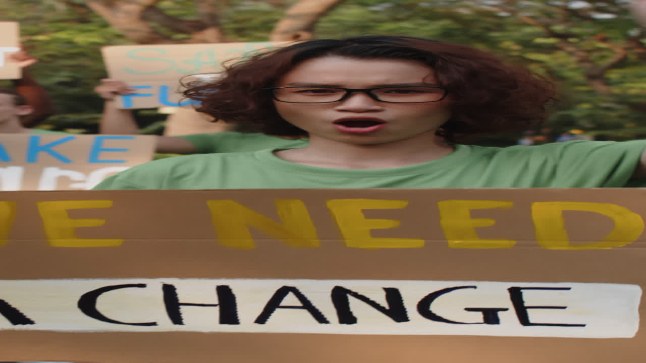 Asian Eco Activist with Placard Taking Part in Protest