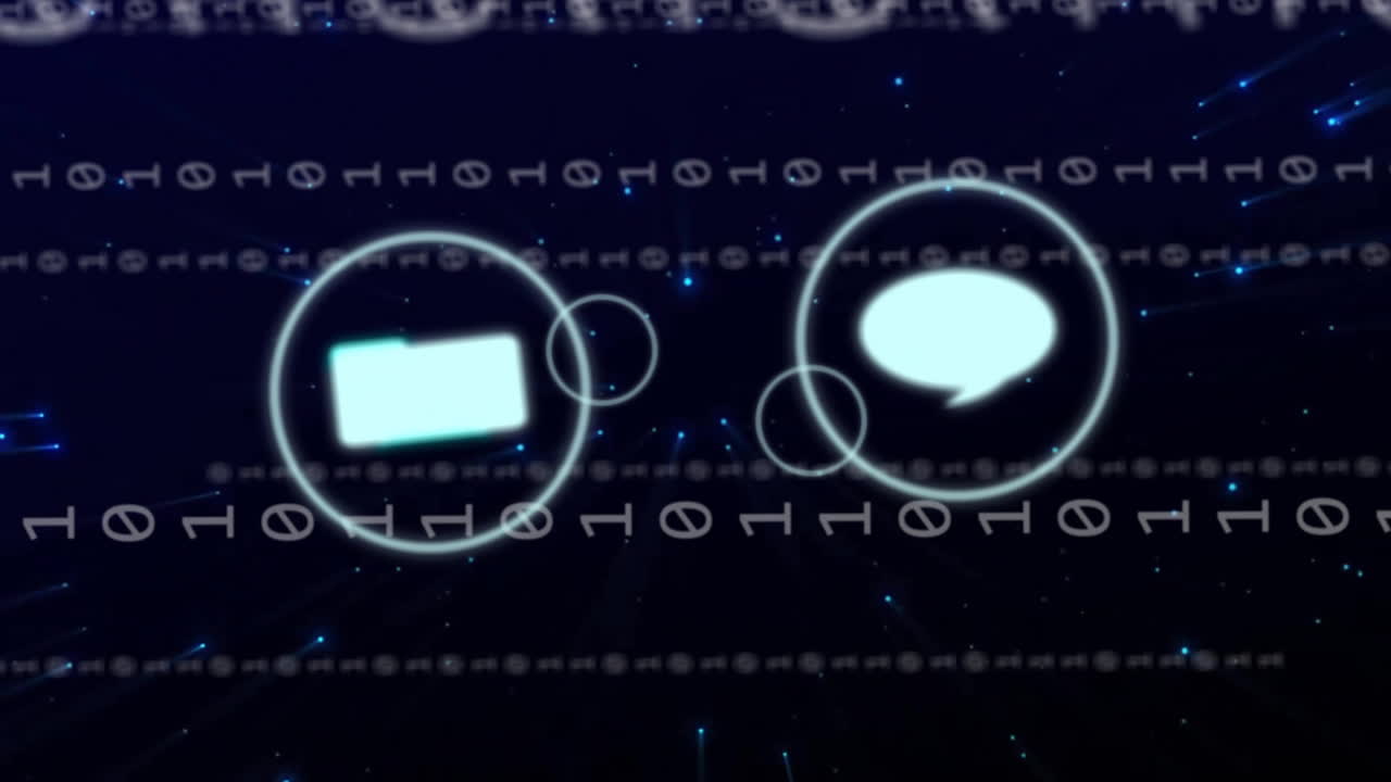 Animation of icons with connections and binary coding over dark background