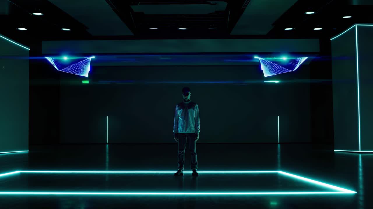 Futuristic video scene with a low-angle view of a holographic interface in a neon-lit room