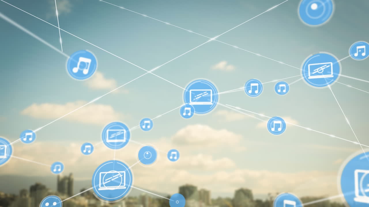 도시 풍경 위의 아이콘으로 연결된 네트워크의 애니메이션