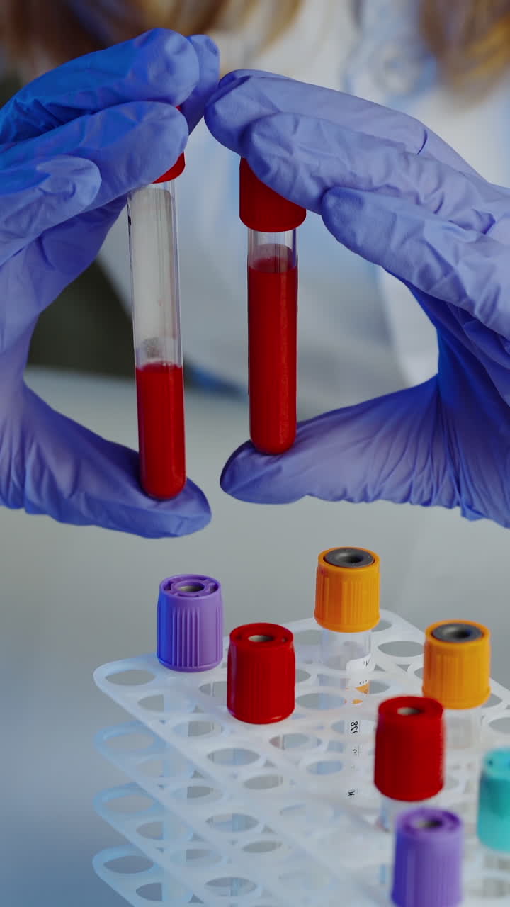 Technician holding blood tube sample. Hands of a lab technician with a tube of blood sample and a rack with other samples