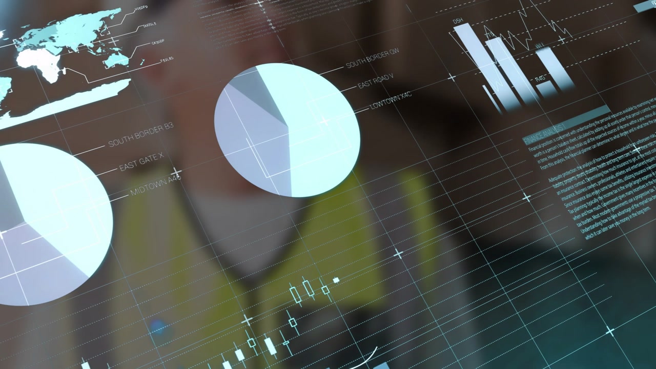 Mature man wearing safety vest using tech interface showing map pie, bar and candlestick charts
