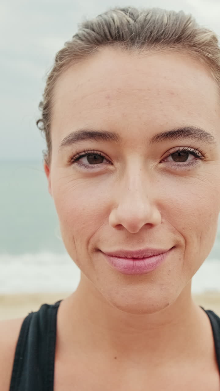 Sporty Woman Smiles After Beach Workout