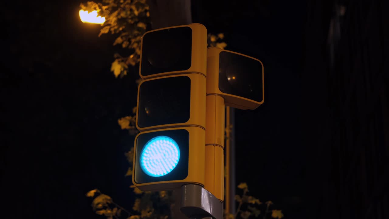Traffic light flashes yellow while red light stays on, then switches to green. Filmed at night in a city setting with warm street lighting