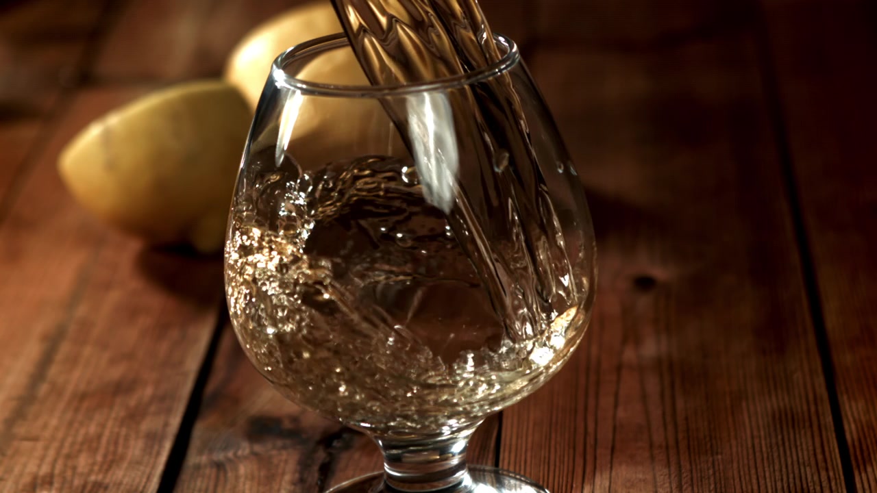 Liquido dorato versato in un bicchiere da cognac al rallentatore