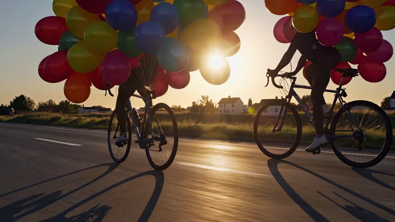 Cyclists riding road with colorful balloons attached, creating surreal scene against vibrant sunset backdrop