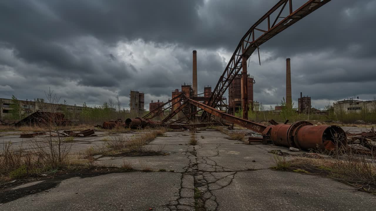 An Abandoned Industrial Landscape: Rusting Pipes and Towers Under Ominous Clouds Reflecting the Passage of Time and Nature's Reclamation of a Forgotten Space