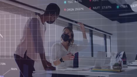 animation der finanzdatenverarbeitung über verschiedene geschäftsfrauen mit gesichtsmasken.