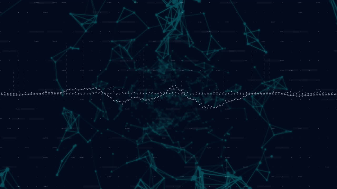 Animation of data processing and network of connections against black background