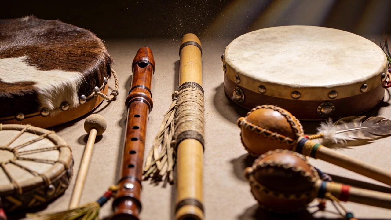 Intensifying warm beam revealing dust over tabletop instrument set with fur drum, flute, rattles