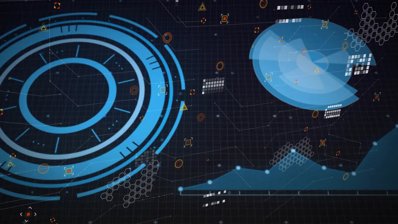 On load, blue concentric ring HUD rotating, syncing pie-chart wedge and area chart visualizing data