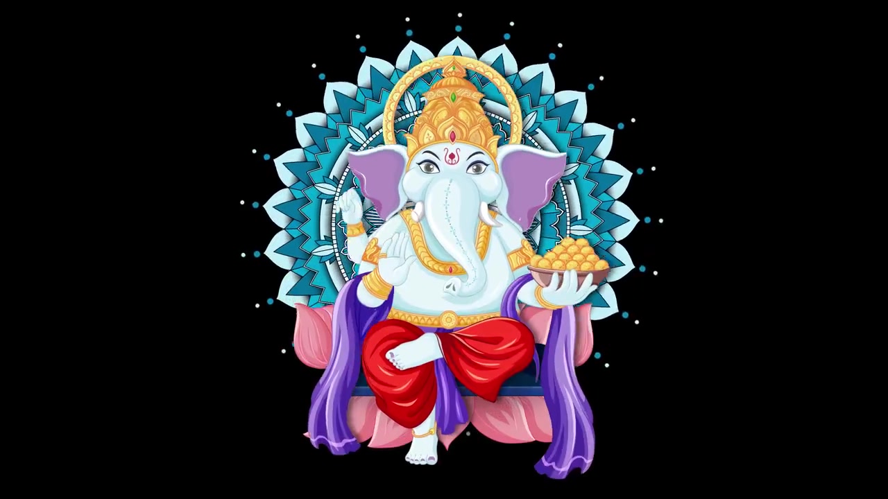 Divinità con testa di elefante siede su un loto rosa davanti a uno sfondo di mandala blu rotante.