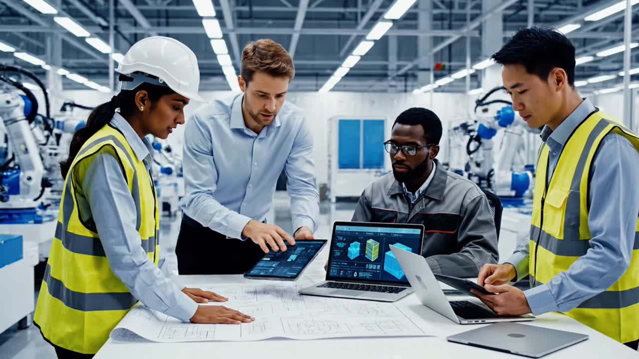 Diverse engineers collaborating on manufacturing plans with robotics technology