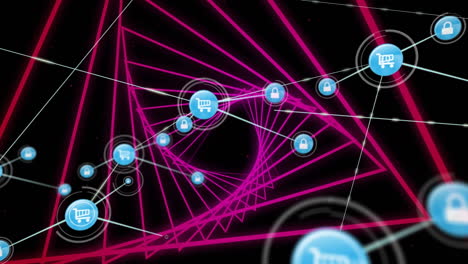 digitale animation eines netzwerks digitaler symbole gegen einen neonrosa leuchtenden tunnel auf schwarzem hintergrund