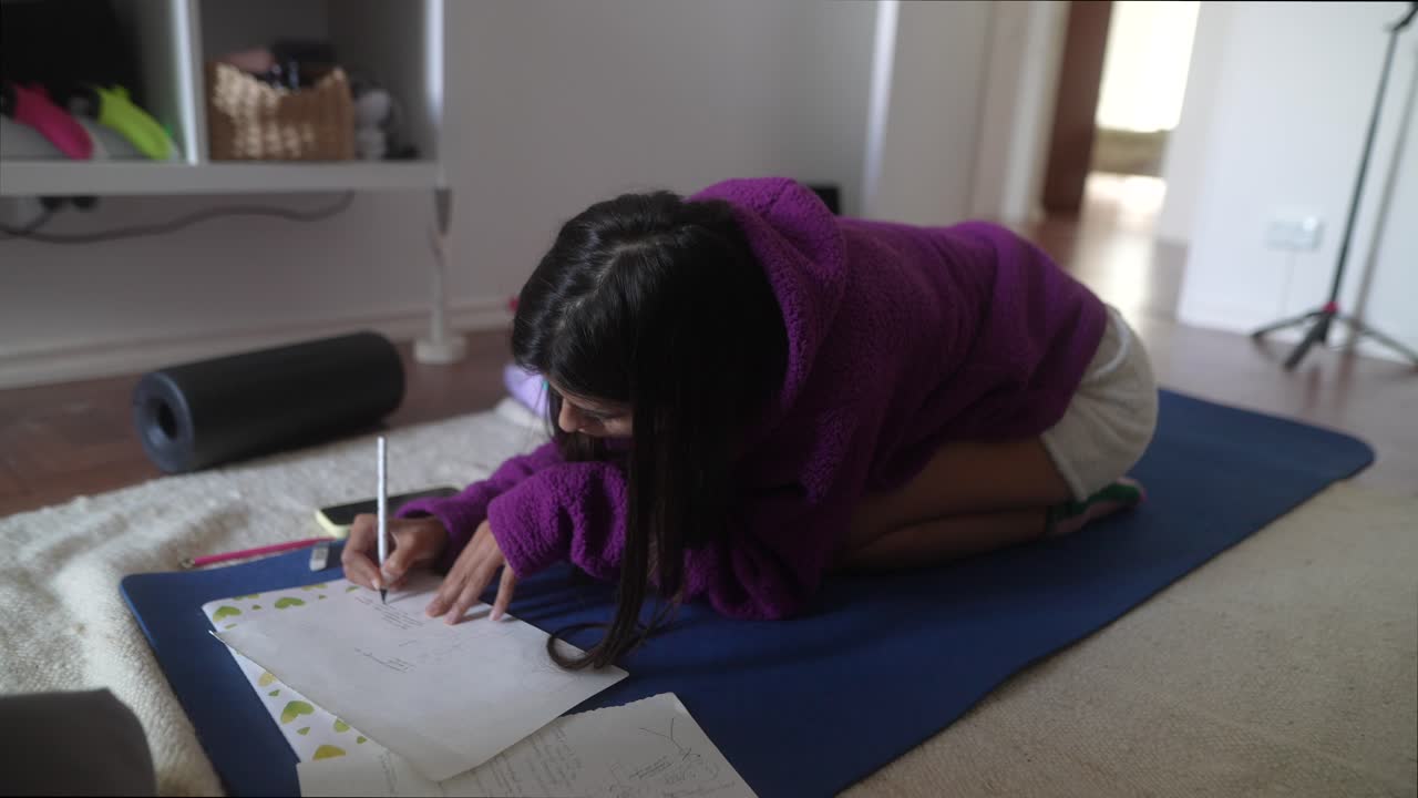 Mujer joven arrodillada en una esterilla de yoga escribiendo en papeles en casa.