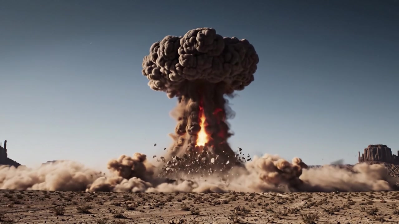Eine gewaltige Explosion erschüttert eine trostlose Landschaft und erzeugt eine riesige Pilzwolke, die die Umgebung mit glühenden Schockwellen und aufgewirbeltem Staub umgestaltet.