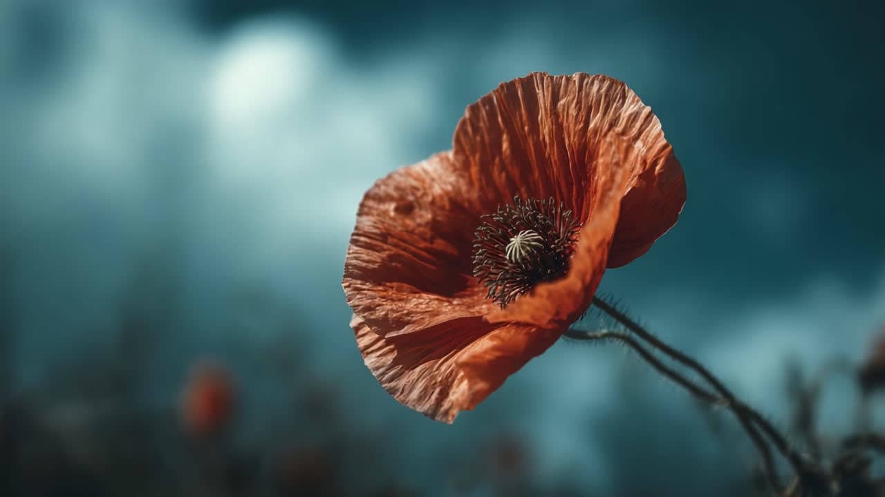 A stunning close-up view of an orange poppy flower against a dramatic sky, showcasing intricate petals and delicate details that highlight the beauty of nature