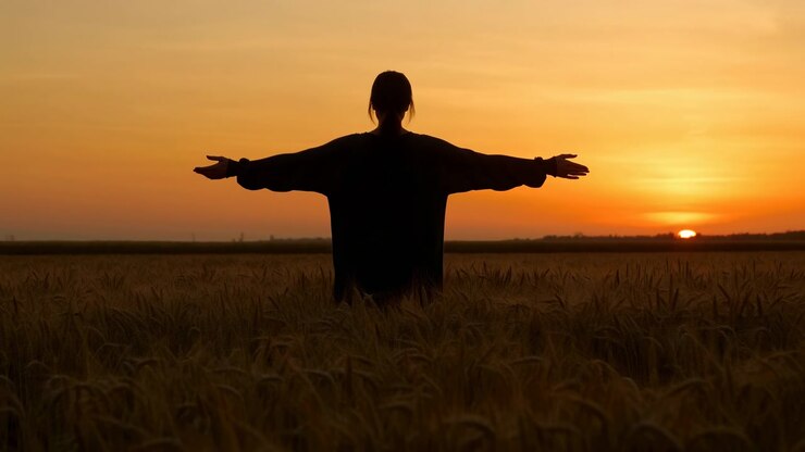 Silhouette centrata di una persona in un campo di grano alto con le braccia distese, di spalle alla fotocamera, capelli legati bassi, che indossa maniche lunghe larghe, incorniciata da un cielo caldo e dorato, sole basso e un sereno paesaggio rurale