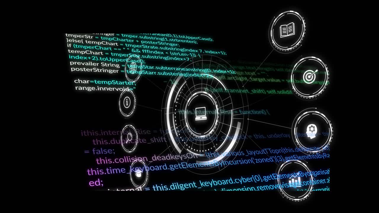 Green code lines starting scrolling, HUD pulsing, rotating, icons glowing to visualize status