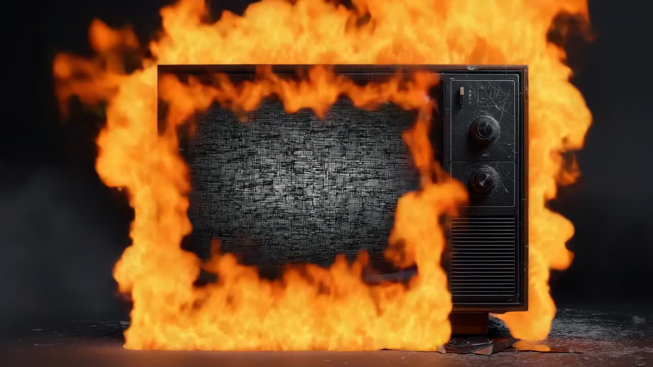 Faíscas de brilho tênue na borda da tela estática, TV CRT vintage de madeira acesa em estúdio com pouca luz, botões rachando.