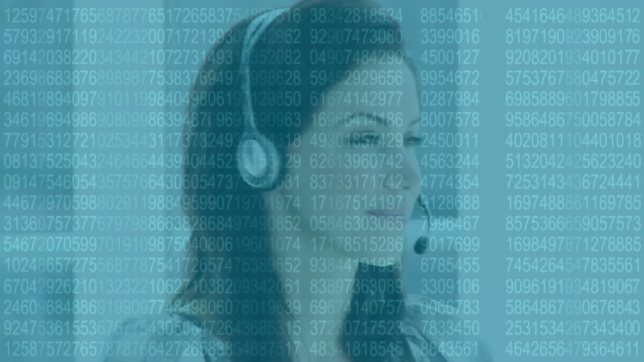 Animation of data processing over caucasian woman using phone headset working in call center