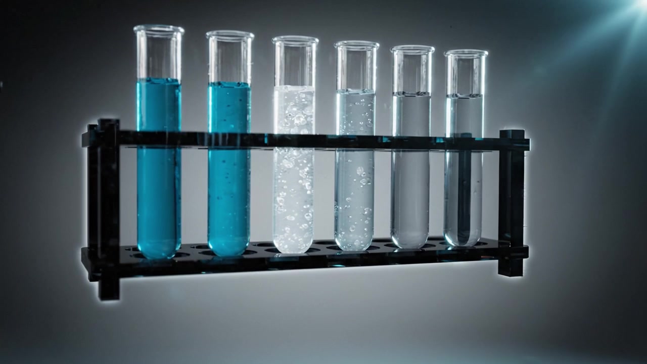 Una panoramica approfondita della chimica sperimentale con provette che mostrano liquidi blu vivido e trasparenti in un ambiente di laboratorio controllato.