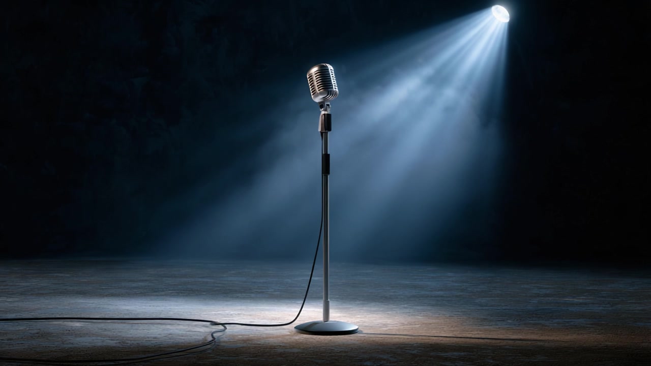A Spotlight on a Vintage Microphone in an Empty Stage, Capturing the Essence of Music Performances and the Anticipation of Artists Ready to Entertain