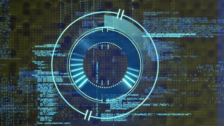 Animation of scope scanning over data processing on blue background
