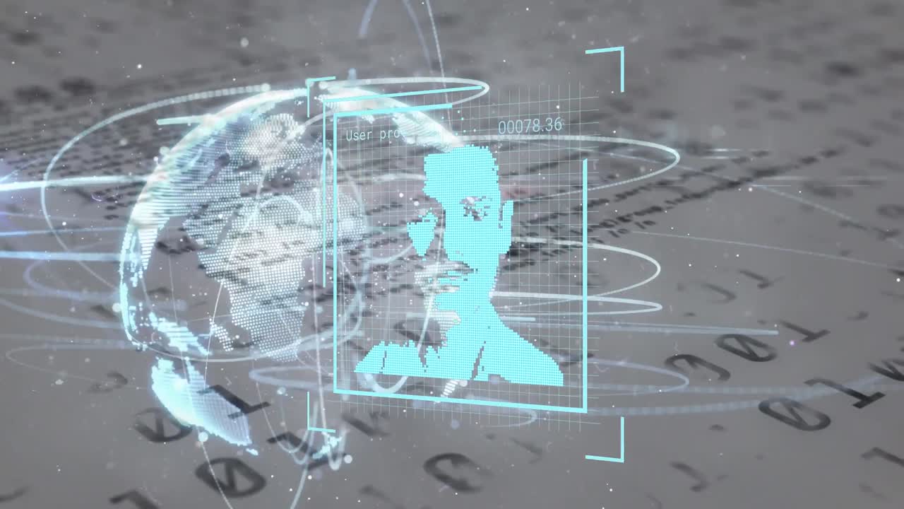 animación de iconos de perfil y rastros de luz en todo el mundo contra el procesamiento de datos de codificación binaria