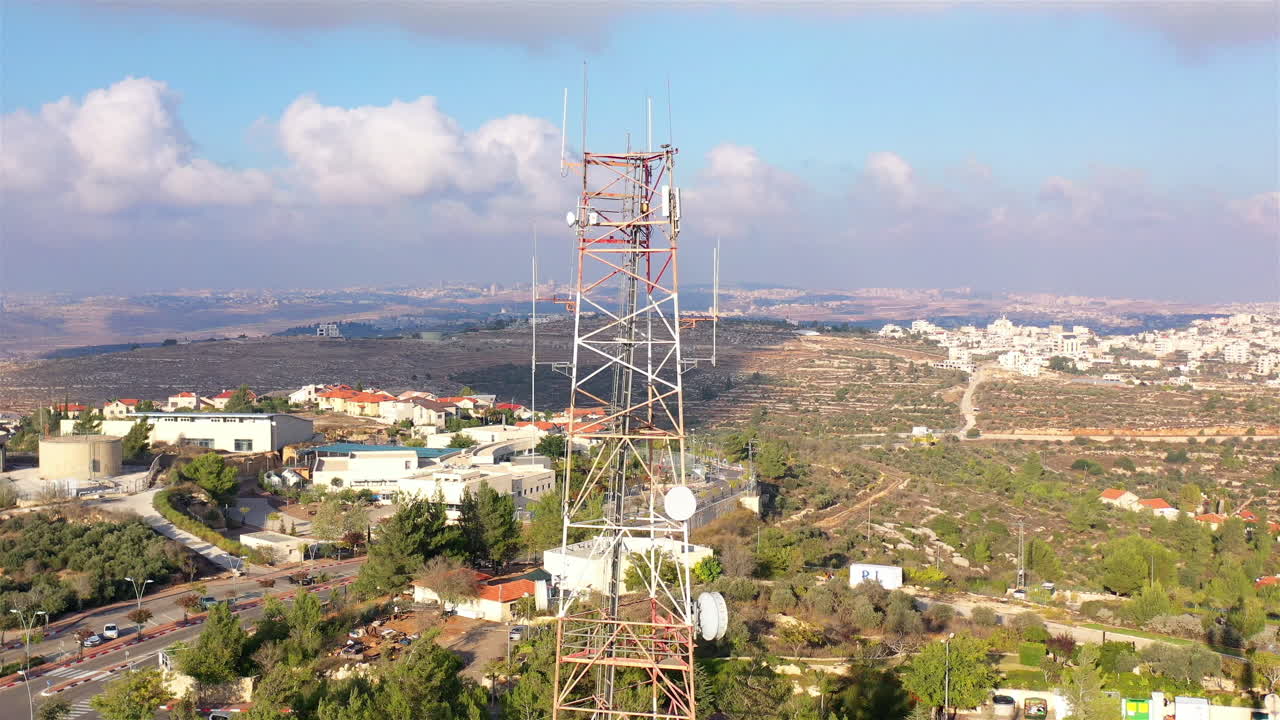 Aerial footage Close to Radio and cellular Antenna With blue sky