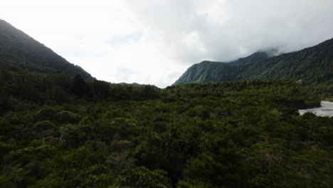 Low-aerial-shot-above-a-dense-mountain-range-beside-a-lake-in-NEw-Zealand