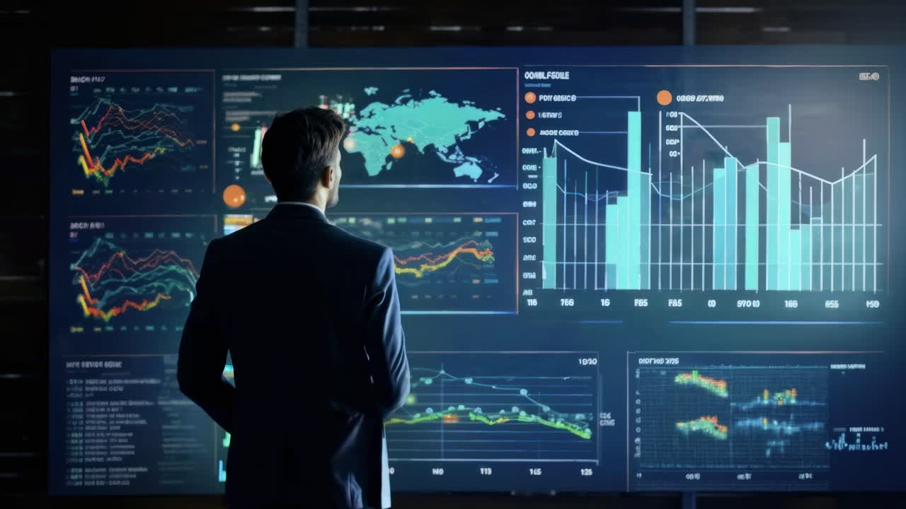 A businessman viewed from behind analyzes data on multiple screens