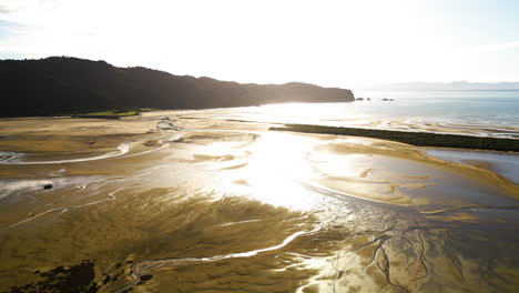 aerial-view-of-sunshine-low-tide-beach-in-Wainui-Bay-South-Island,-New-Zealand