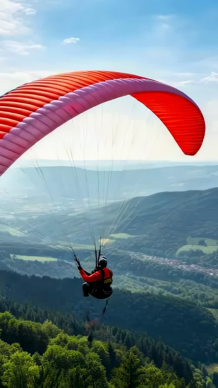 Vertical video: Pulling brake toggle pilot banking over wooded ridge, guiding red wing into valley