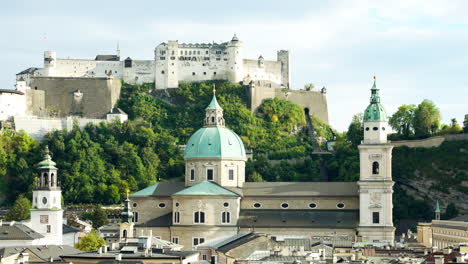 european brick castle walls overlook townhall city center of salzburg austria