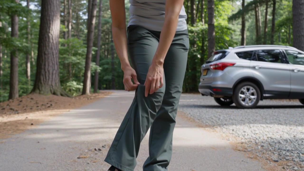 Nach unten blickend, Frau verlangsamt, lehnt sich, entfernt Schmutz vom Hosenbein der Wanderhose auf dem Wanderweg mit SUV