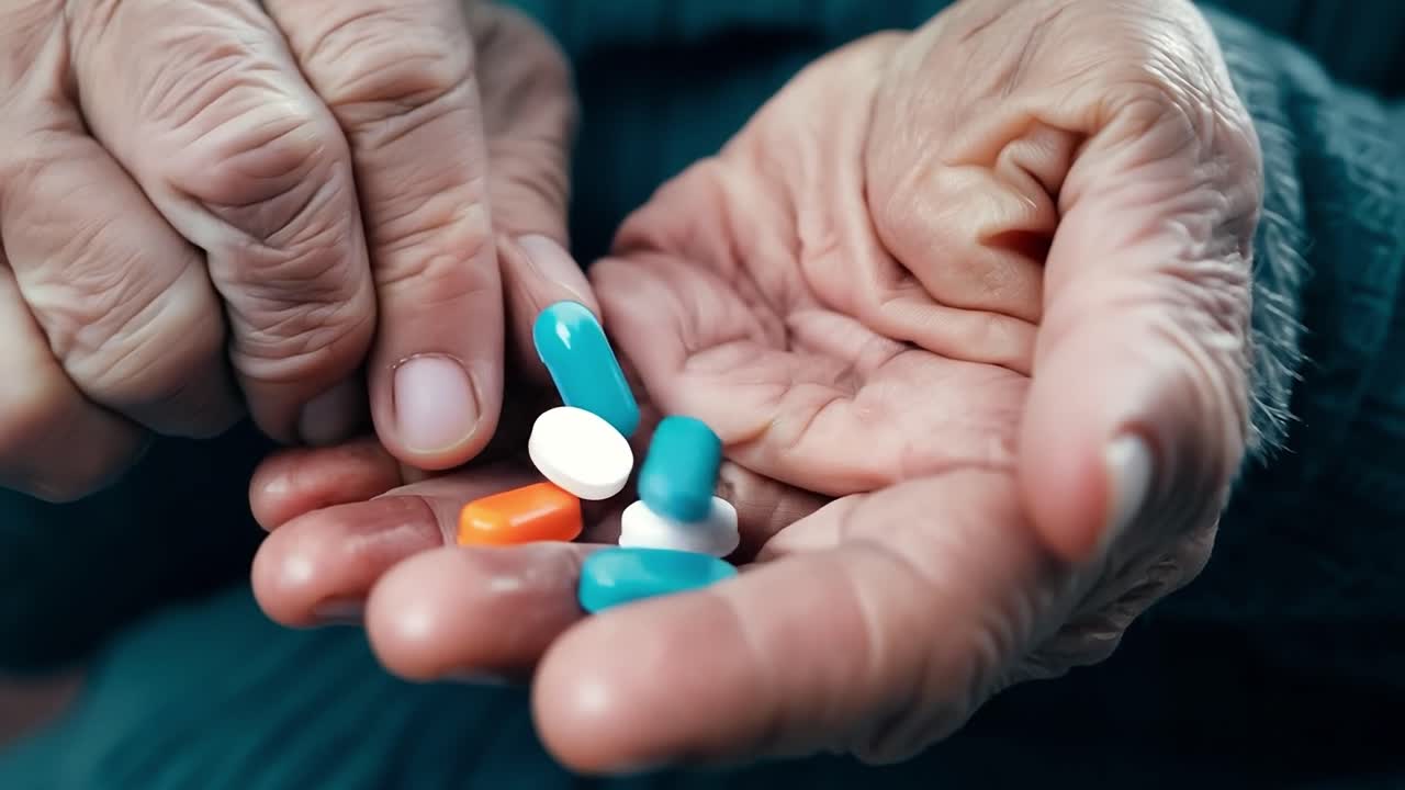 약을 들고 있는 노인 여성의 손의 클로즈업