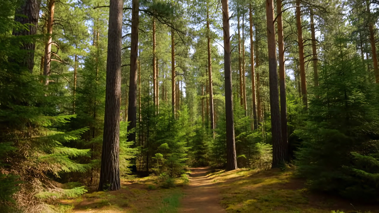 Sunlit Pine Forest Trail Bathed In Warm Morning Light Towering Trunks, Soft Moss Underfoot, Winding Dirt Path
